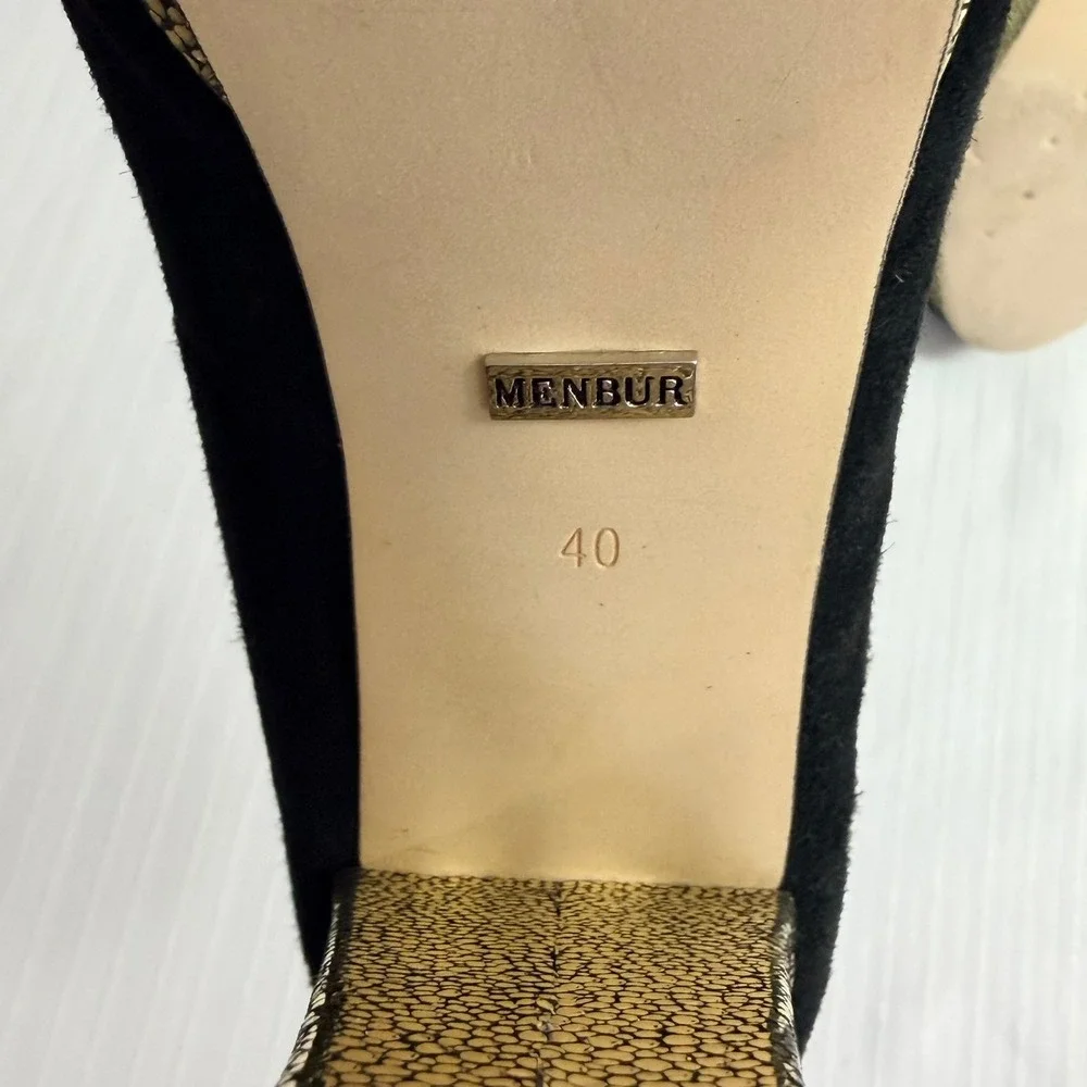 Menbur Womens‎ Heels 40 Suede Peep Toe Platform Bow Gold Block Heel Black